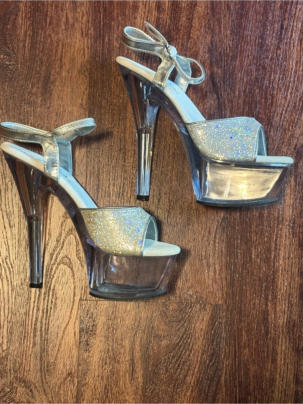 Pleasers Silver 6” Platform Stiletto Sandals with Sparkle Upper - Picture 3 of 6